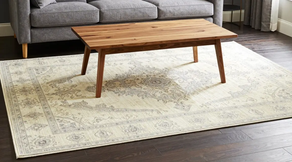 large area rug defining the seating area in a small room