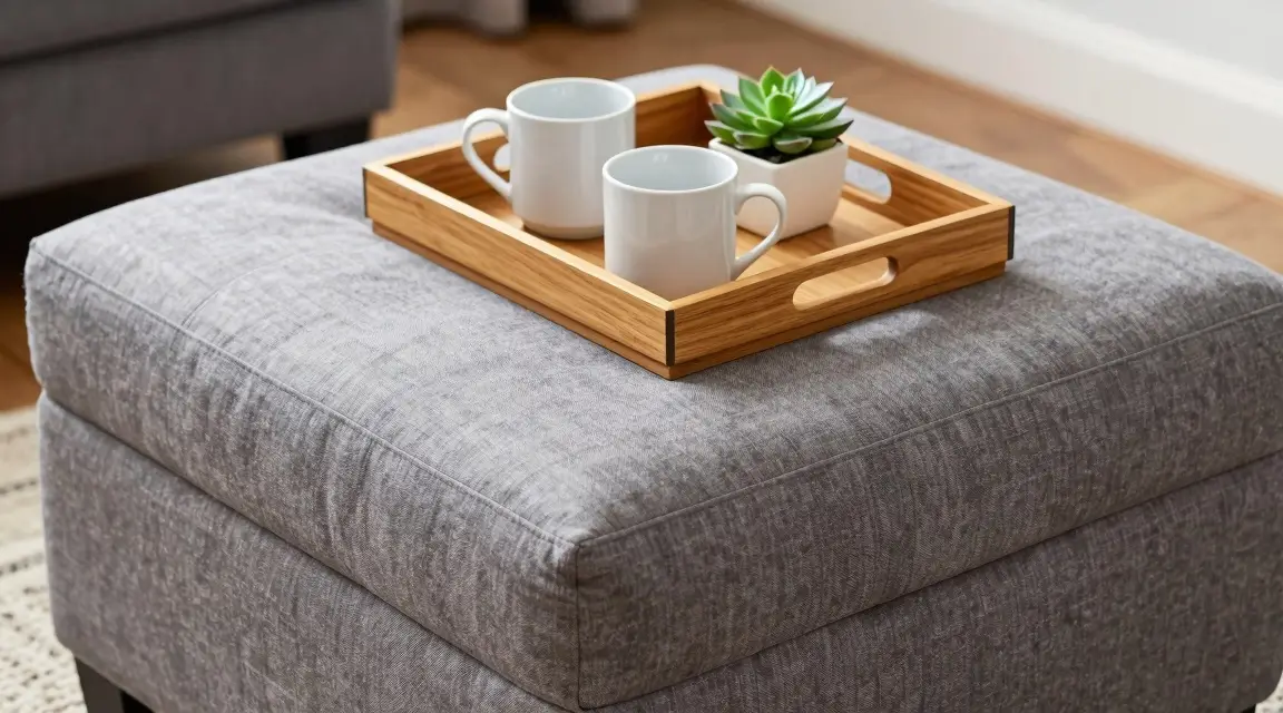 large fabric ottoman used as a coffee table with a wooden tray