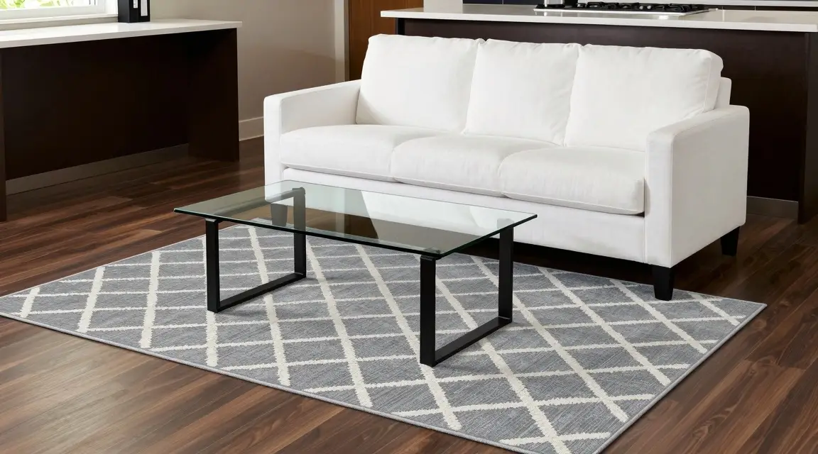 large geometric rug zoning the seating area in an open concept home