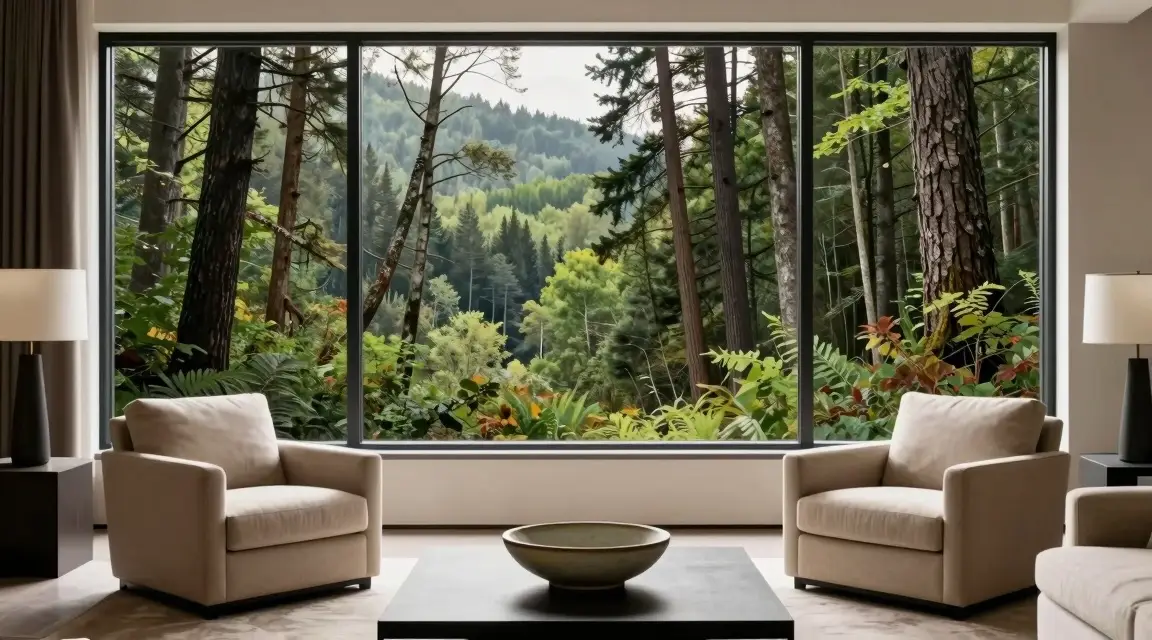 living room furniture arranged around a focal point window and nature art