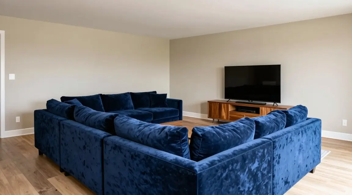 long rectangular living room layout with sofa and tv on opposite long walls