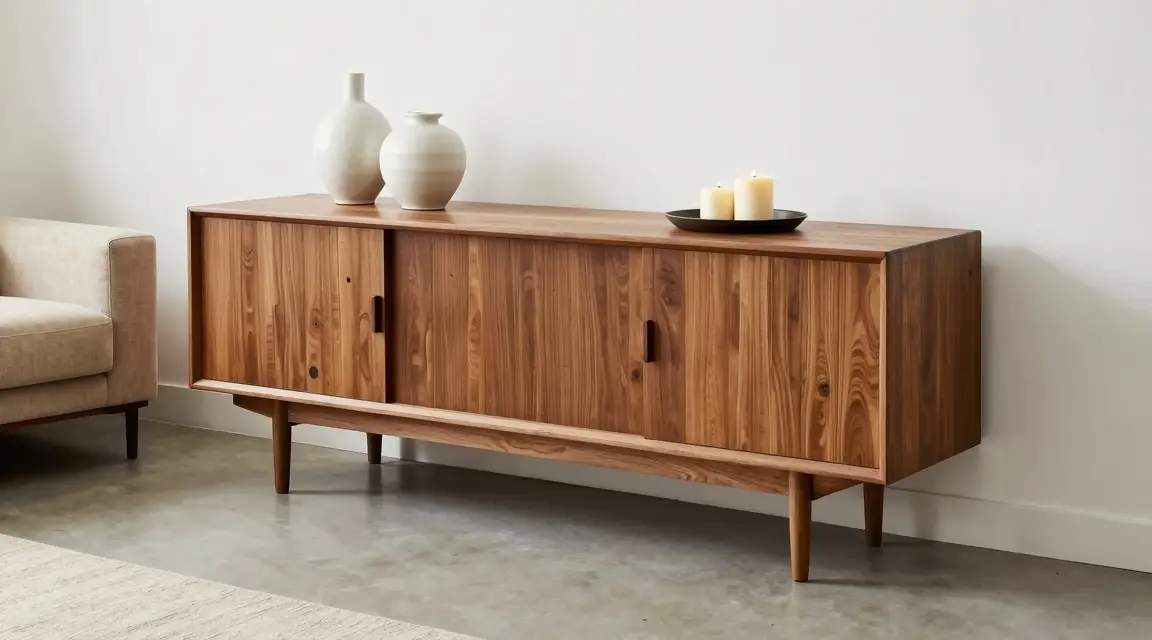 low mid century modern sideboard used as a subtle room divider