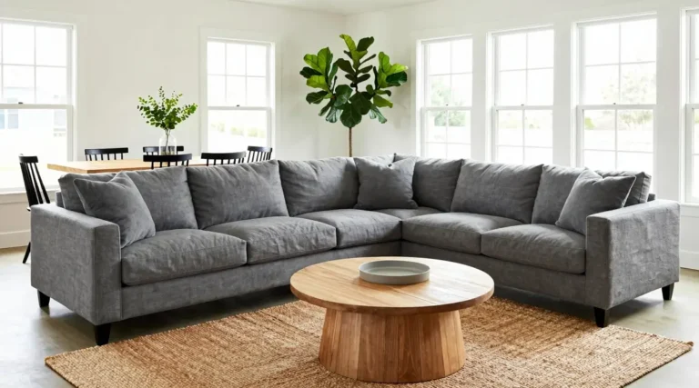 modern open concept living room with gray sectional sofa and wooden coffee table