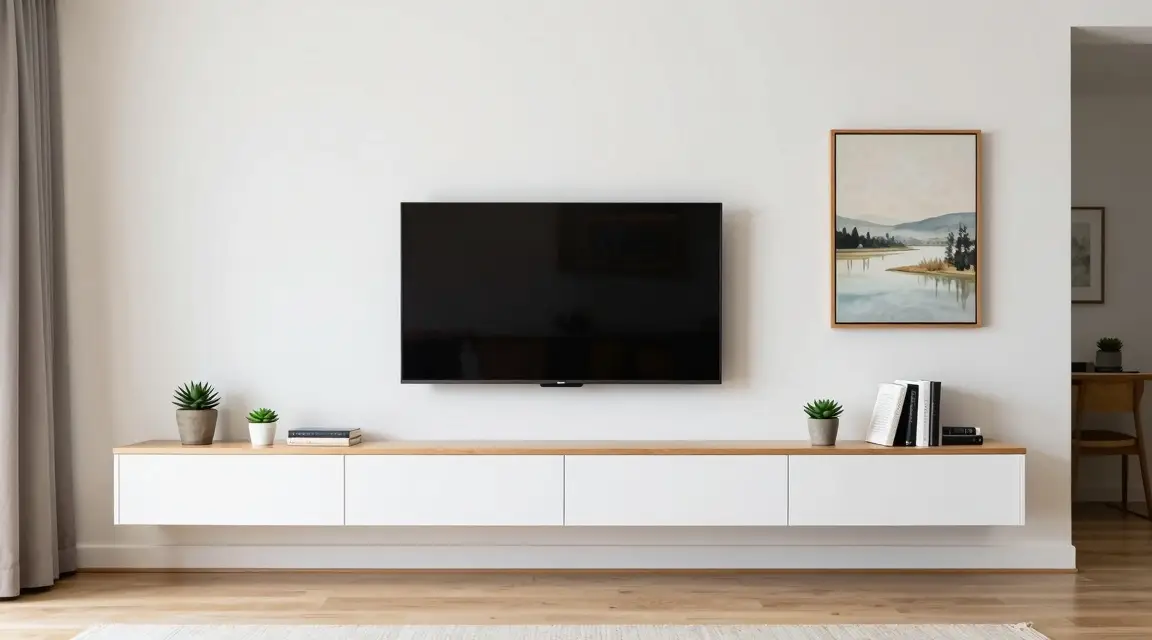 modern wall mounted tv with floating white console and oak shelves