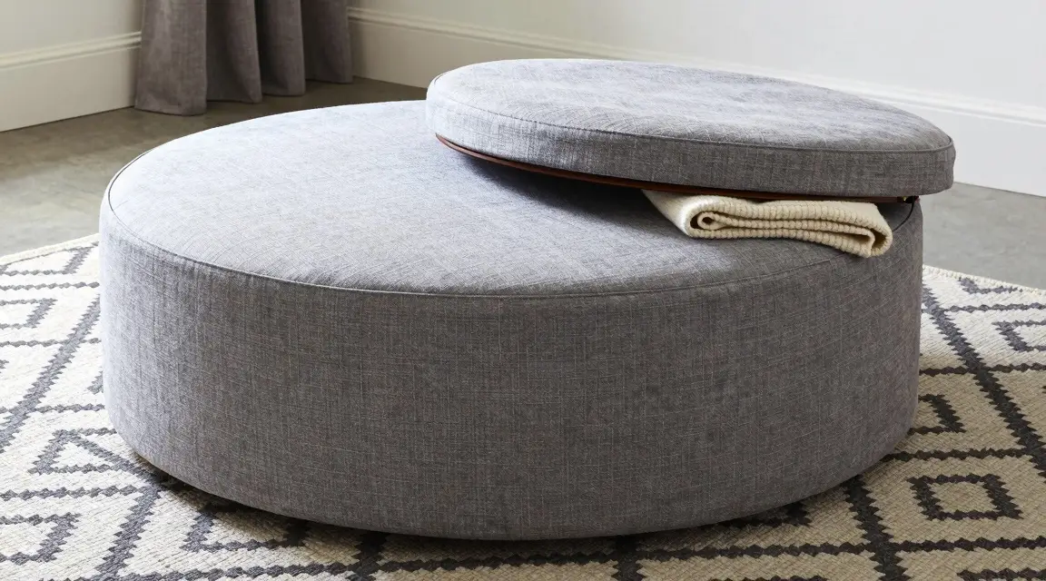 multi functional gray storage ottoman used as a coffee table