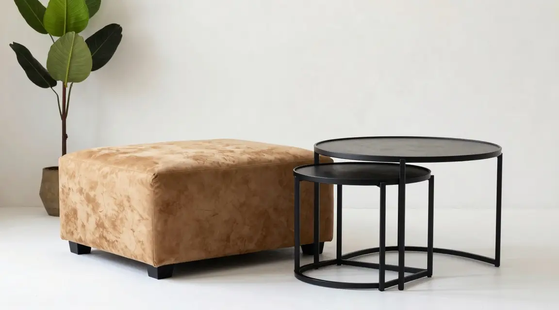 multi use storage ottoman and nesting tables in a small living room