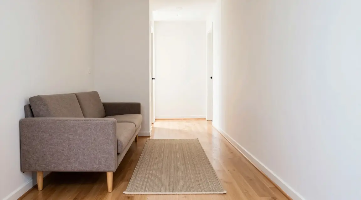 narrow living room layout showing clear walking pathways and slim furniture