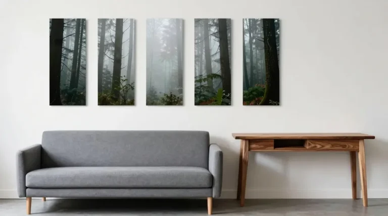 narrow living room layout with a slim sofa and vertical art