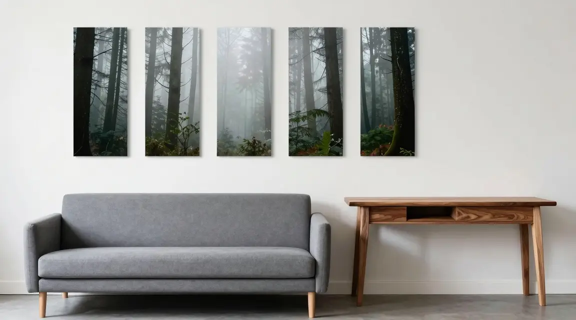 narrow living room layout with a slim sofa and vertical art