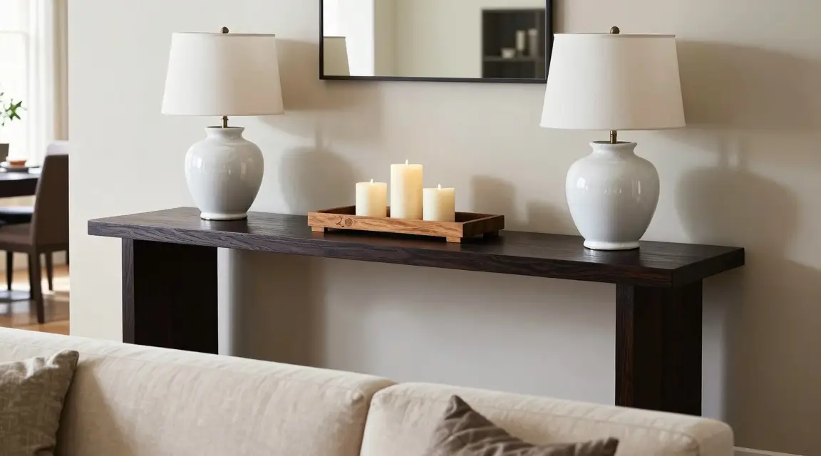 narrow wood console table separating living and dining zones