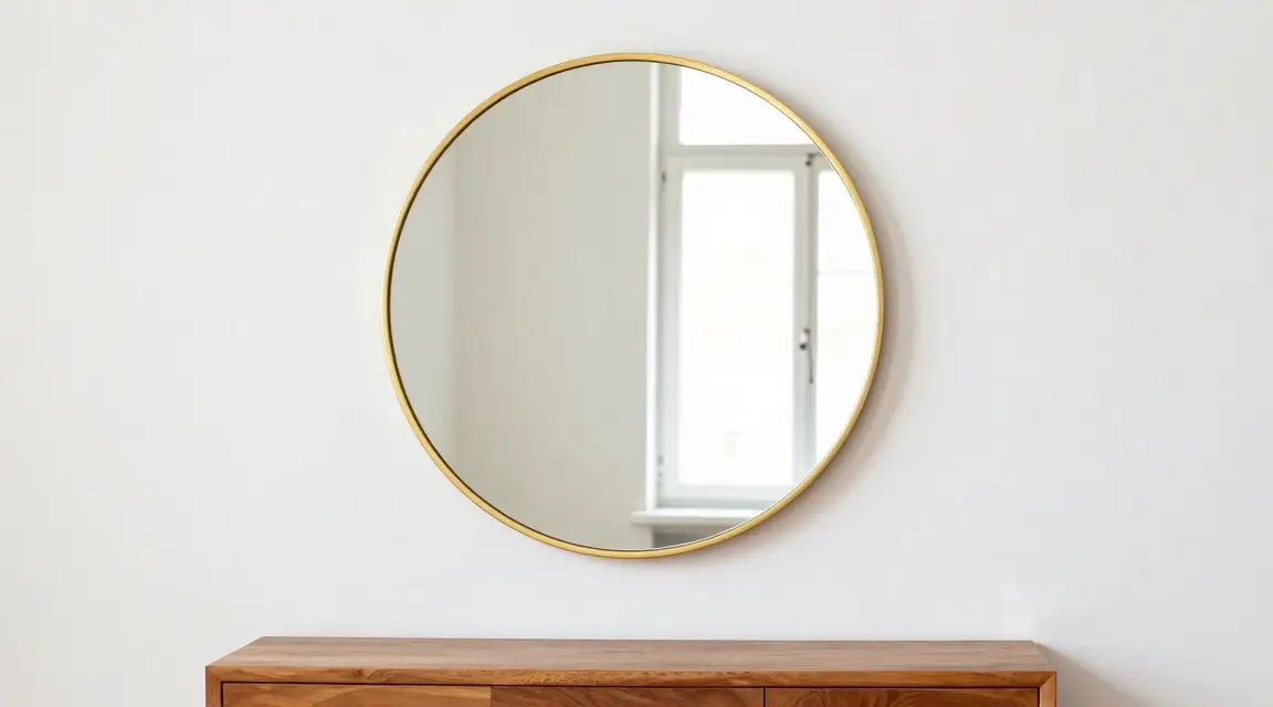 round gold mirror reflecting natural light in a living room