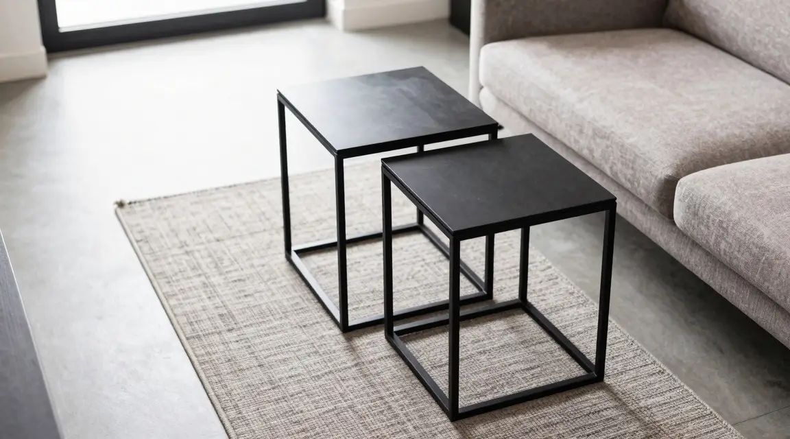 slim furniture and localized rug placement in a narrow living room