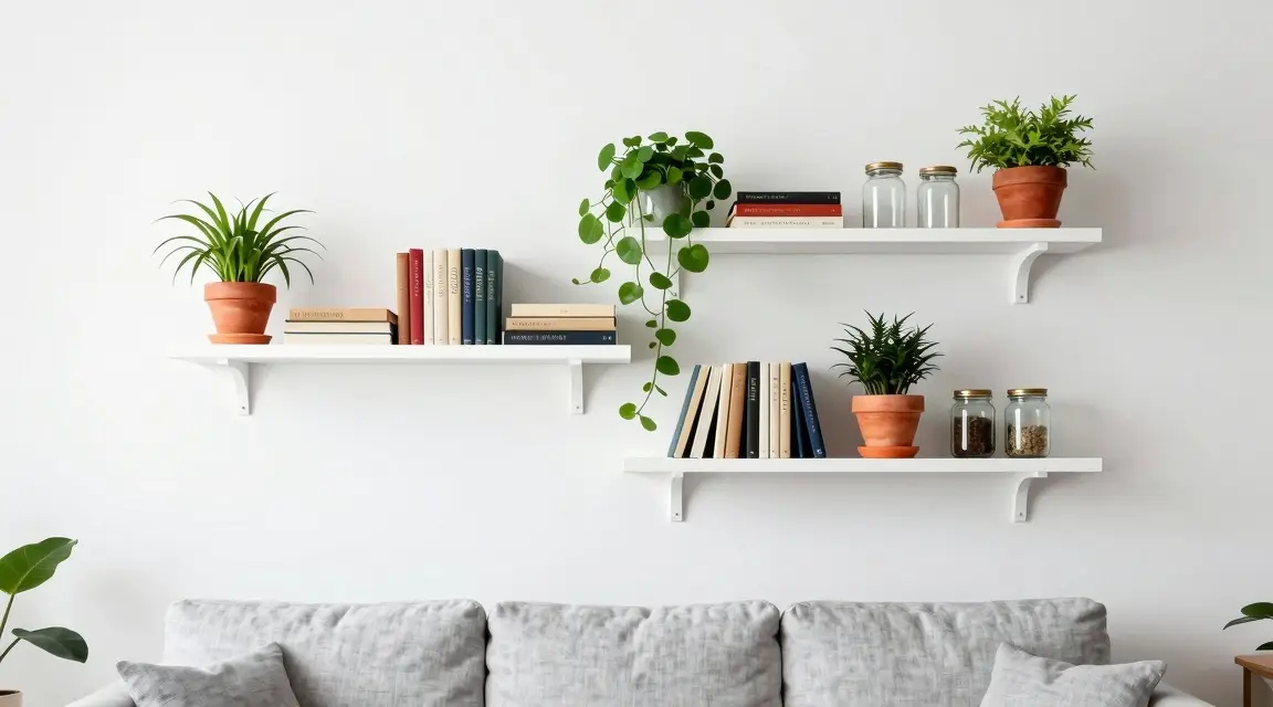staggered white floating shelves above a sofa for storage