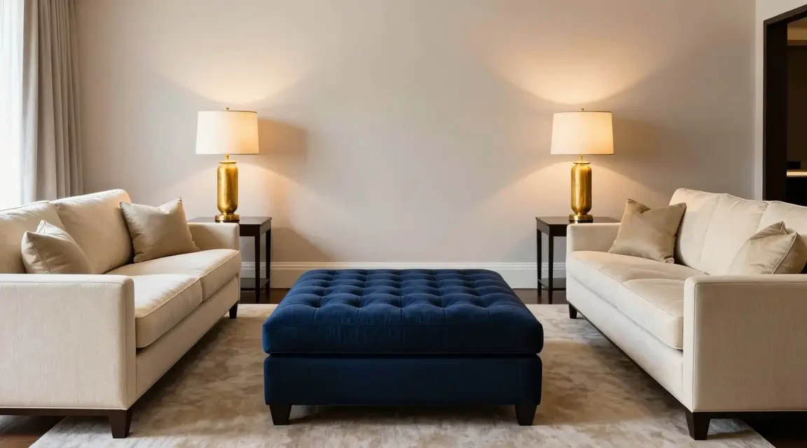 symmetrical sofa arrangement with a large ottoman in an open plan