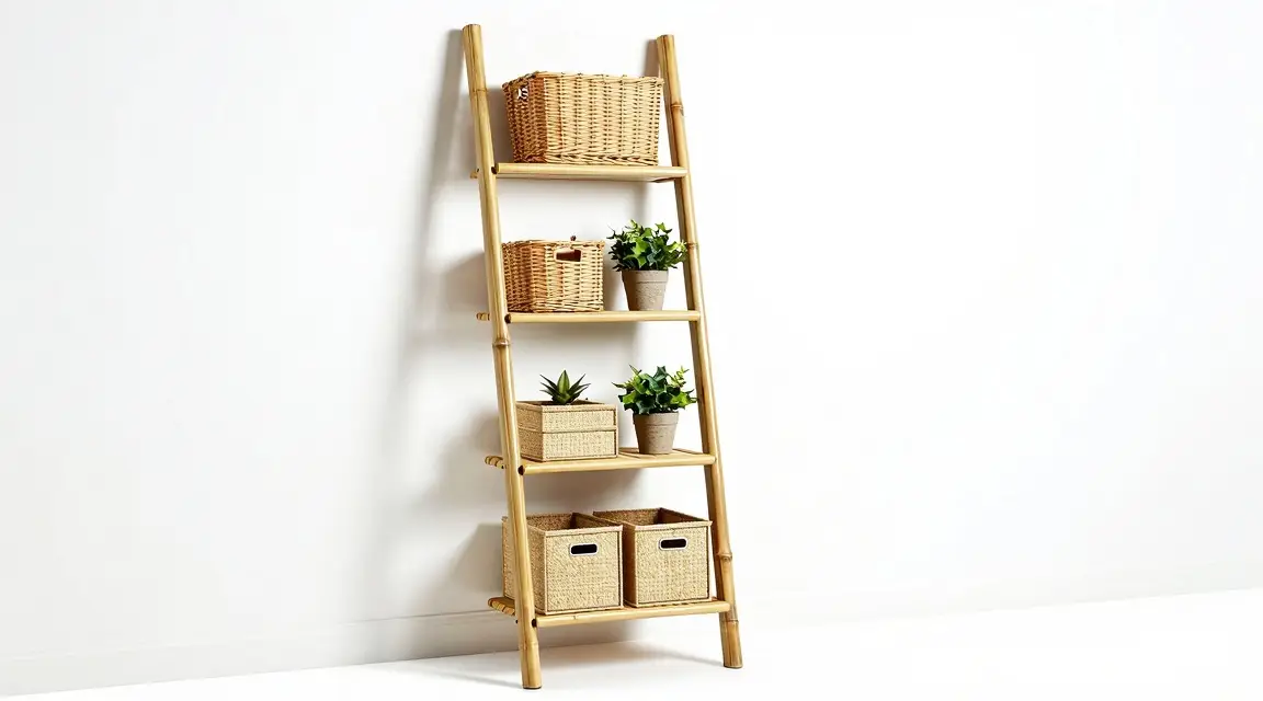 tall bamboo ladder shelf for vertical storage in a narrow room