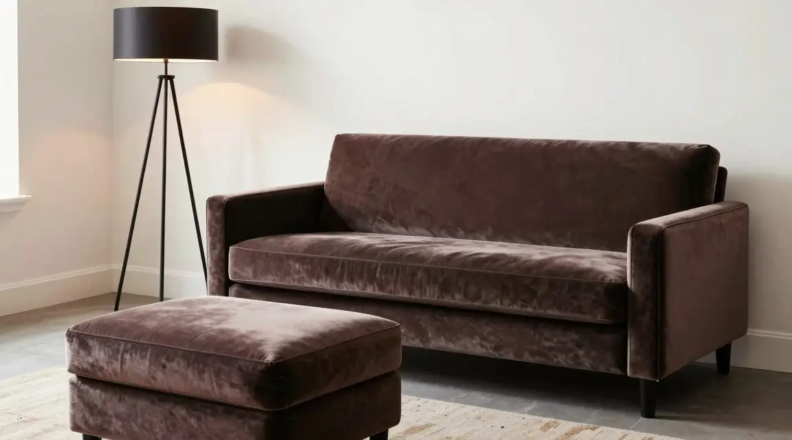 velvet loveseat and tripod floor lamp in a cozy living room