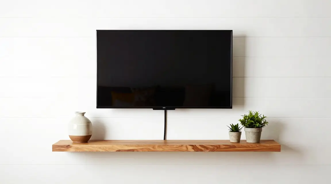 wall mounted tv with floating oak shelf in a modern living room