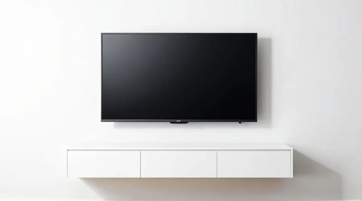 wall mounted tv with slim white media console in small living room