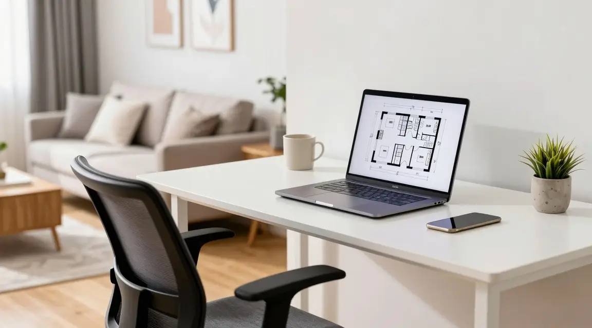 workstation showing a living room layout planner on a screen