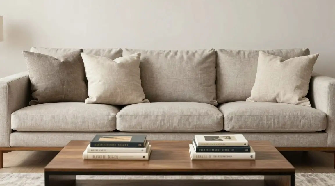 balanced living room decor with a large sofa and accent pillows