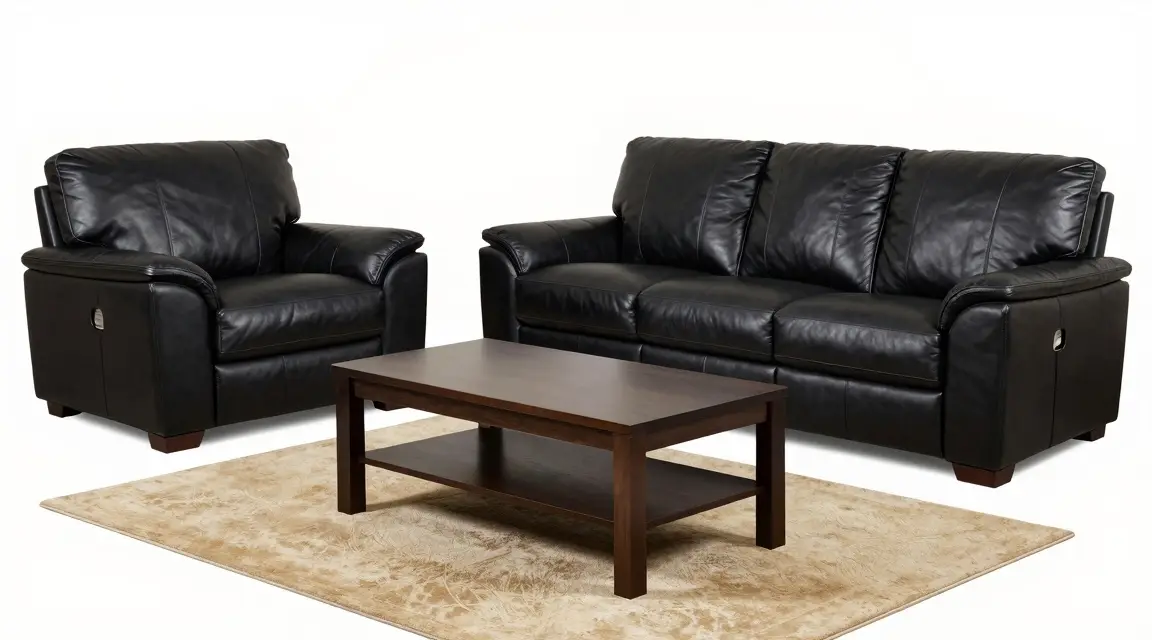 black leather sofa set with ottoman and dark wood coffee table