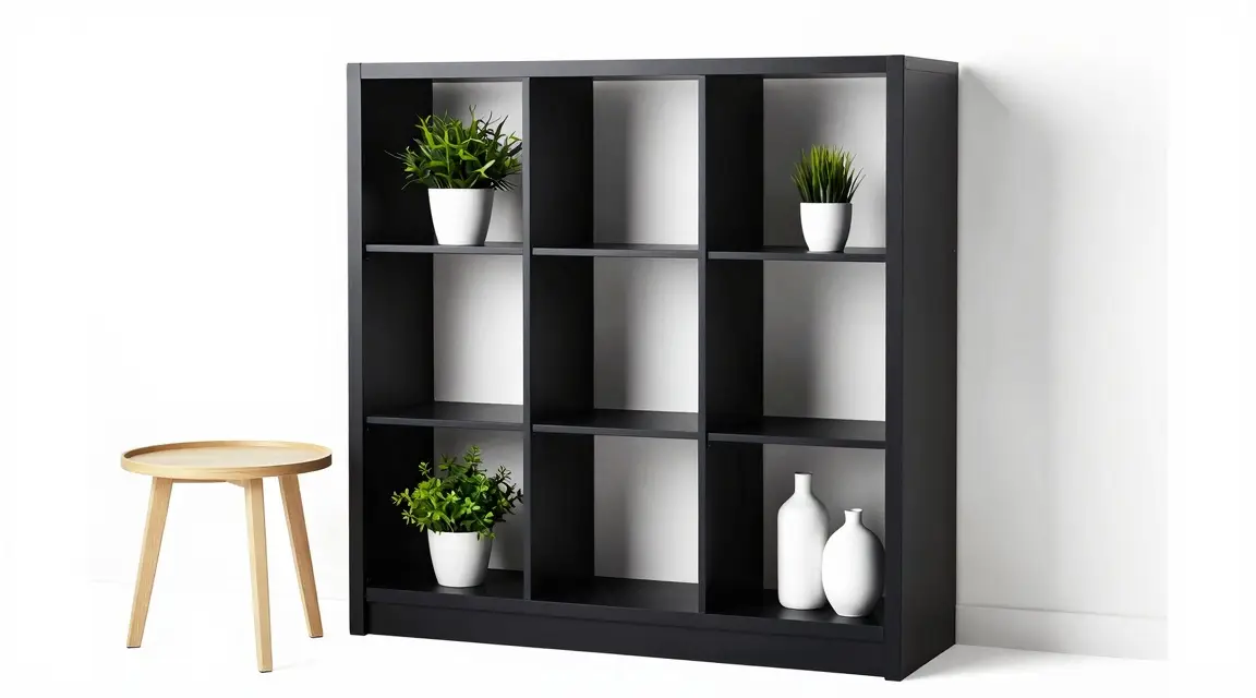 black painted bookcase with plants and vases in a living room