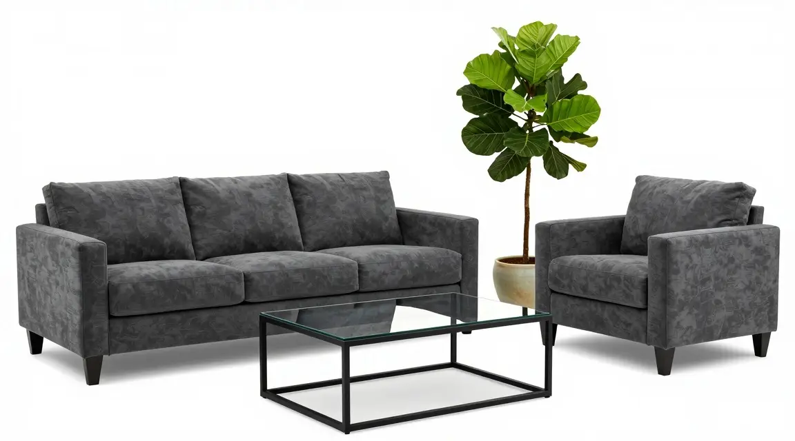 charcoal gray microfiber sofa and glass coffee table in a bright room