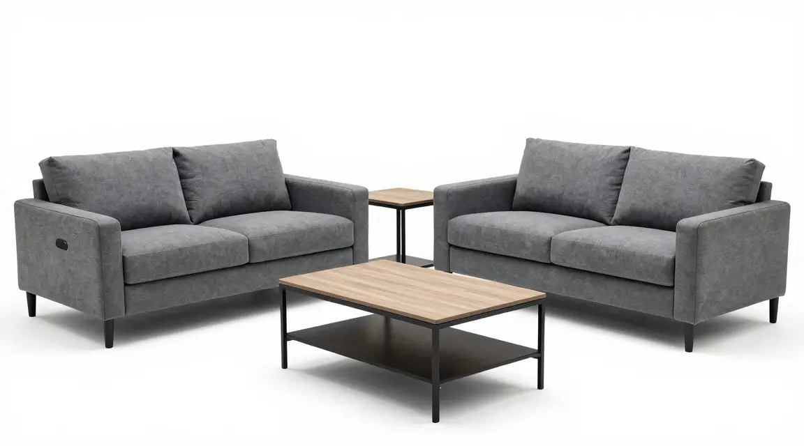 five piece gray fabric living room set with matching tables