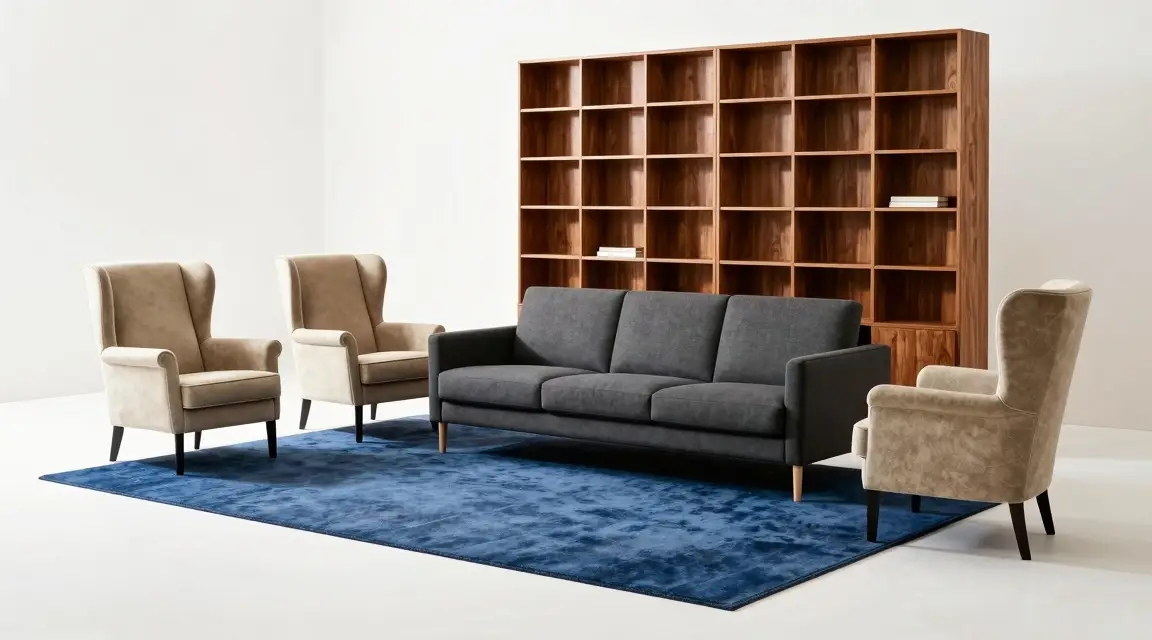 floating furniture island with sofa and chairs in an open space