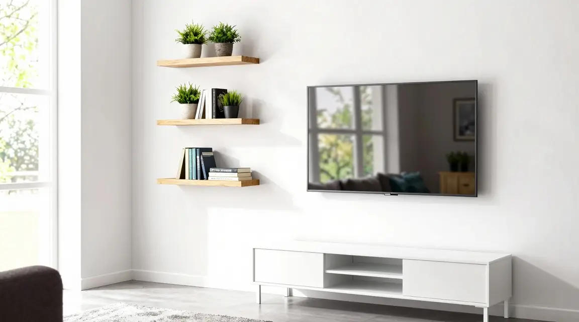 floating shelves and large mirror used to expand a small room