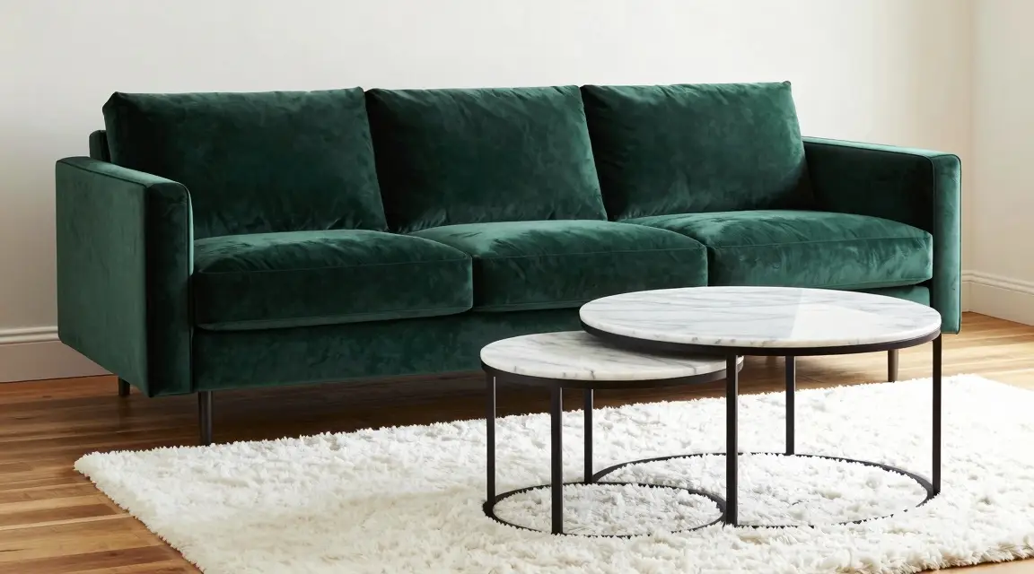 forest green velvet sofa and marble nesting tables on a white rug