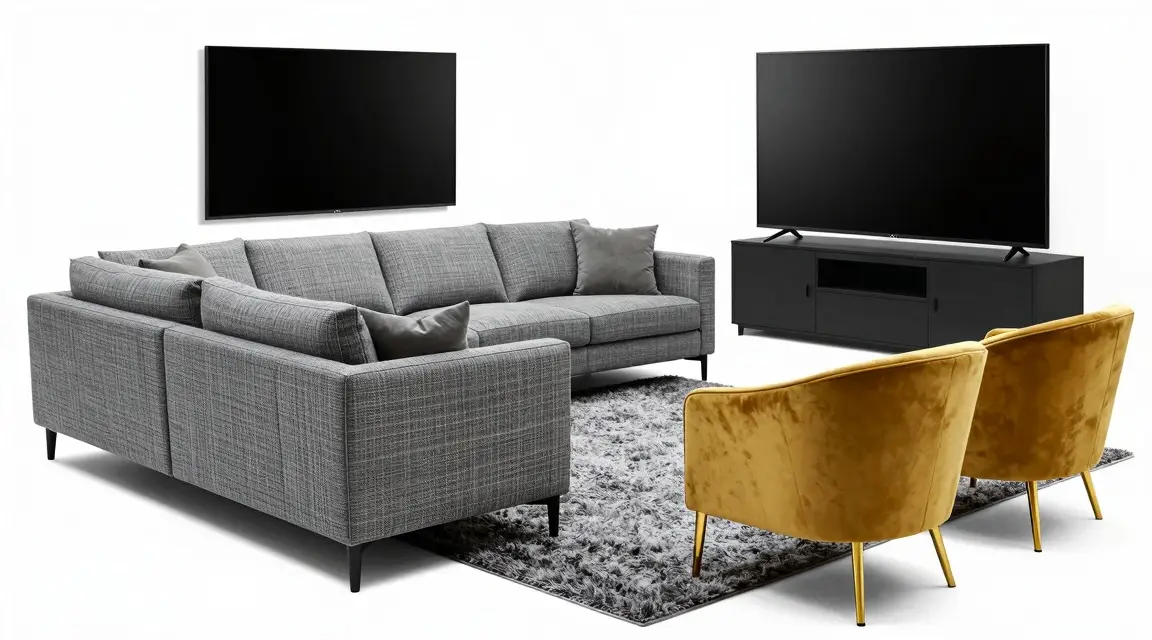 l shaped sectional sofa and yellow accent chairs facing a tv