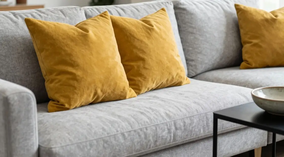 light gray sectional sofa with yellow throw pillows and black side table