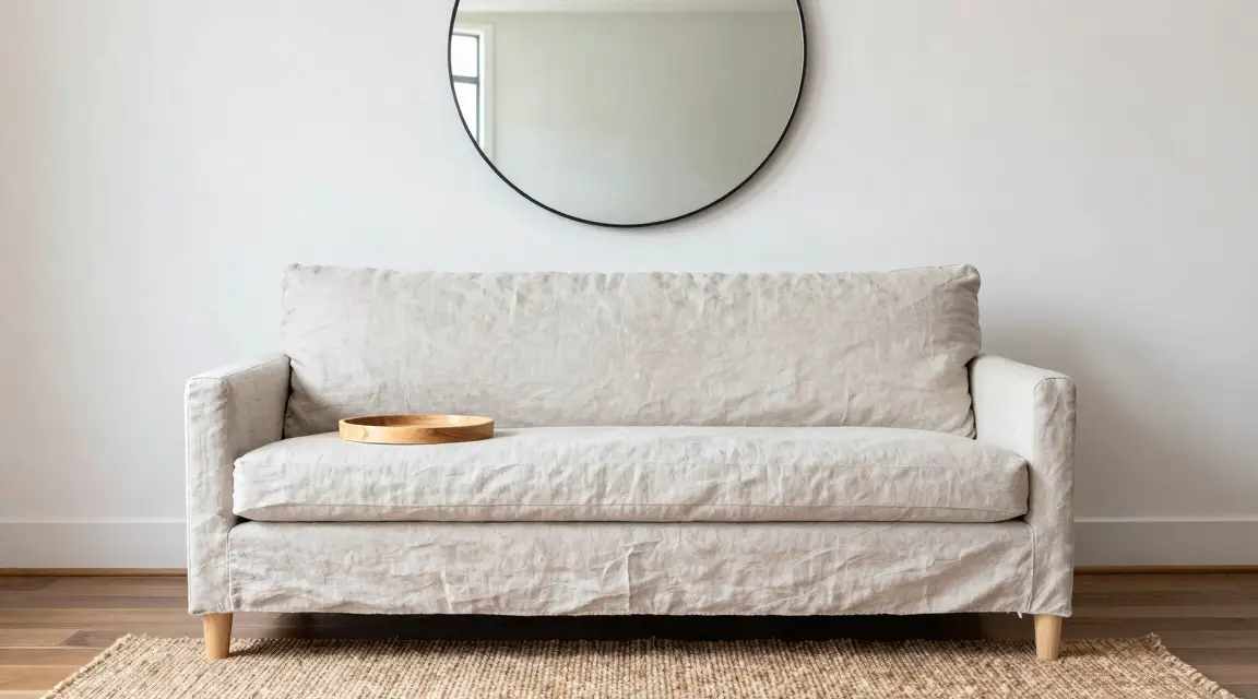 linen sofa with jute rug and large round mirror in a corner