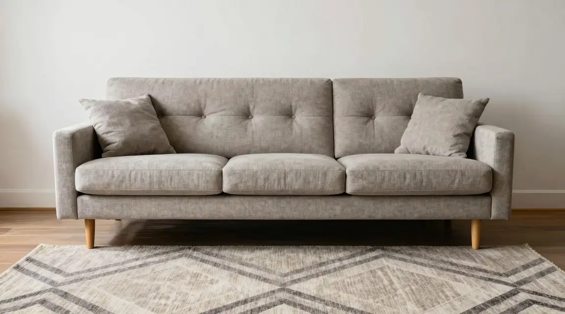 mid century modern sofa on geometric rug