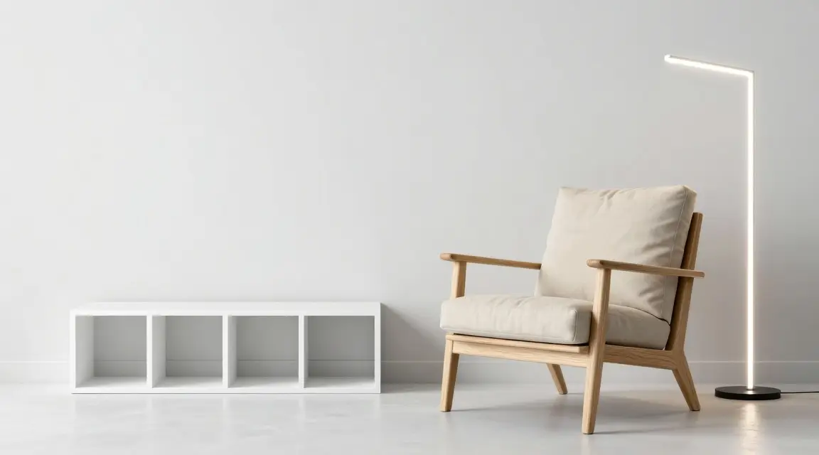 minimalist light wood armchair and white shelving unit