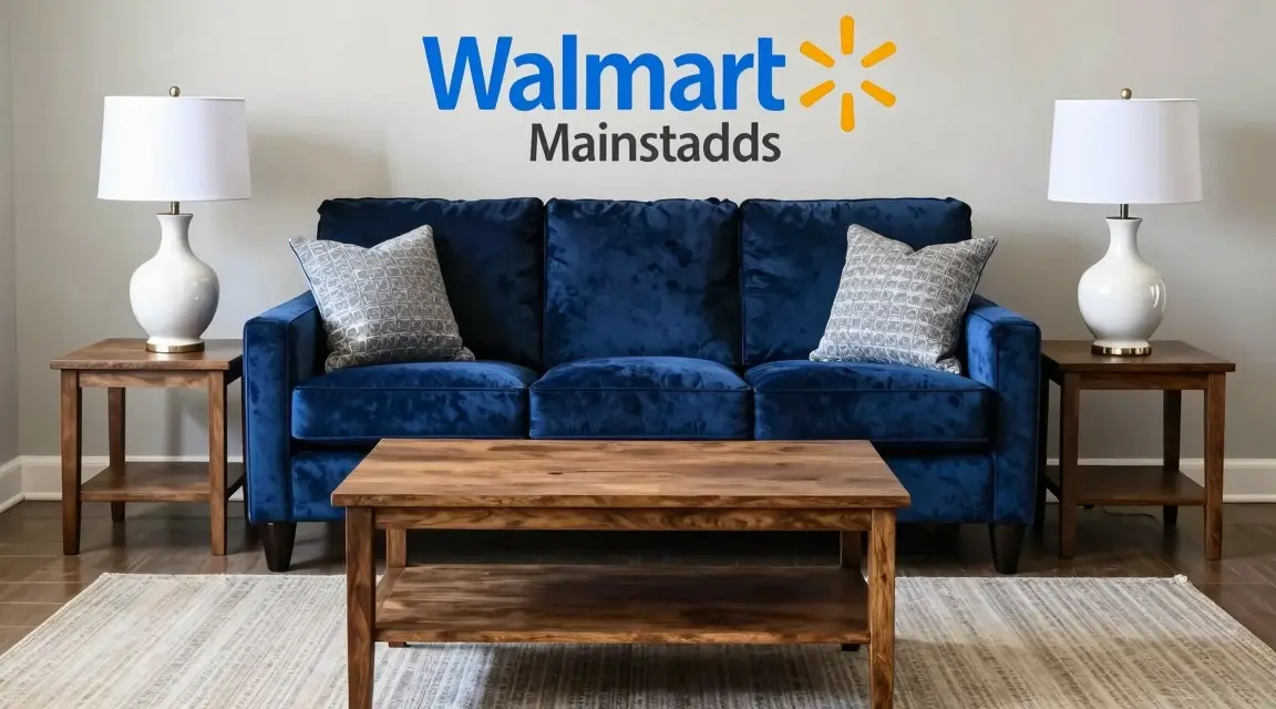 navy blue plush sofa with dark oak coffee table and white lamps