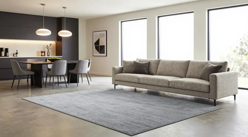 open concept living room zoned by a rug and sofa placement