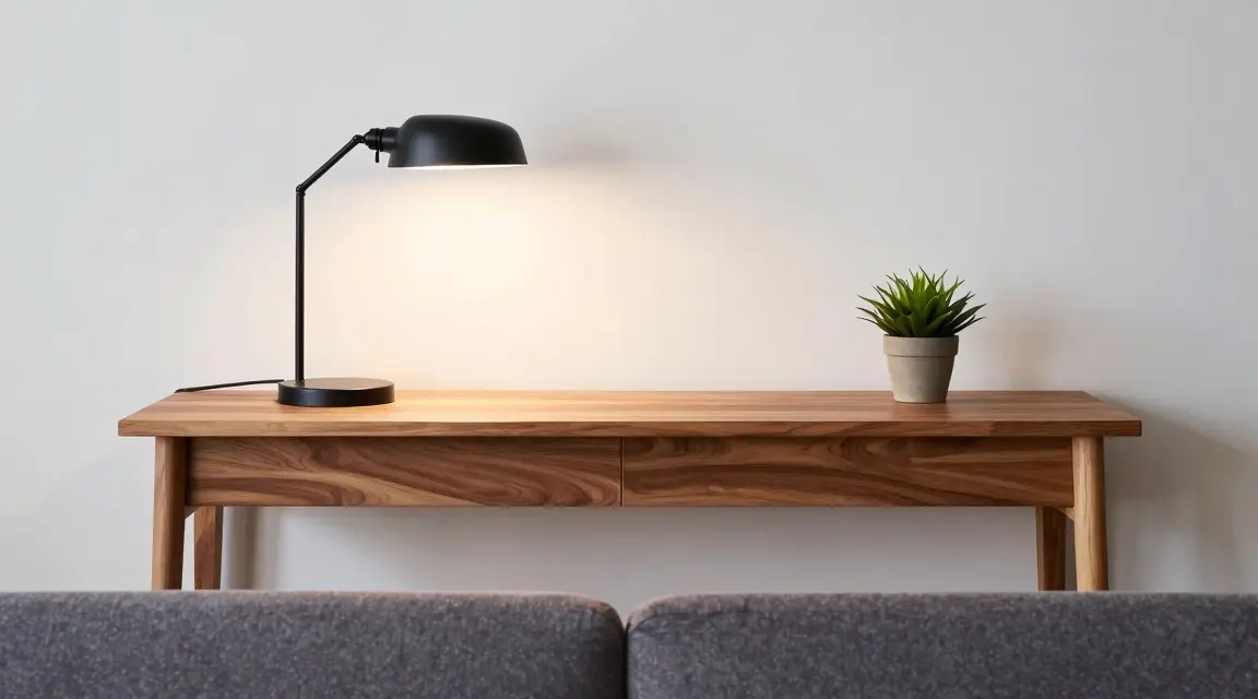slim console table placed behind a sofa