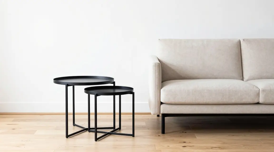 slim nesting tables and armless sofa in small room