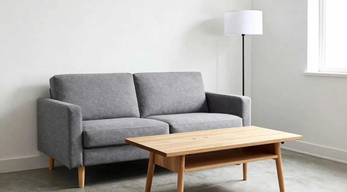 small apartment living room with compact gray loveseat and oak coffee table