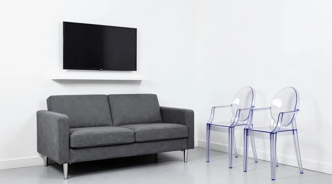 small space living room with wall mounted tv and acrylic chairs