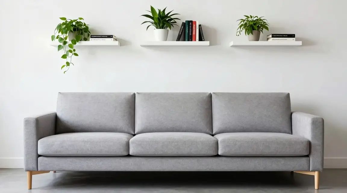 sofa against wall with floating shelves above
