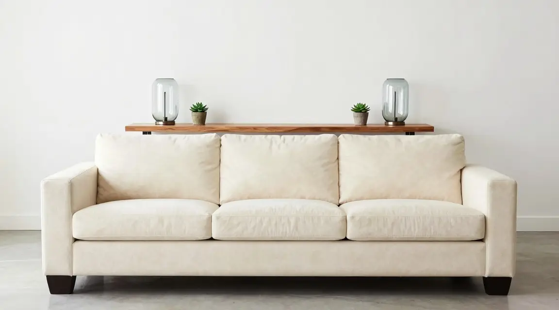 sofa with a console table behind it in a rectangular room
