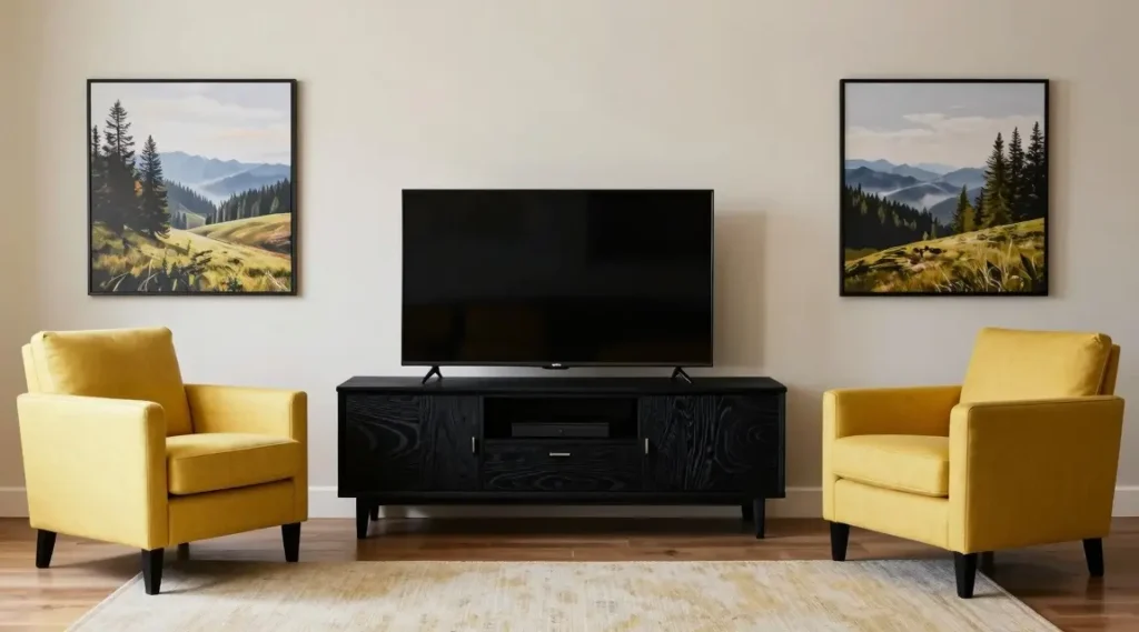 symmetrical living room with tv and two armchairs