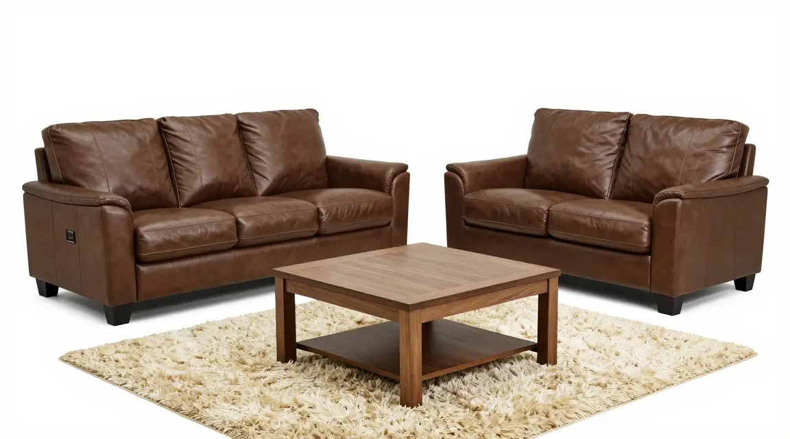 three piece brown faux leather living room set with wooden coffee table