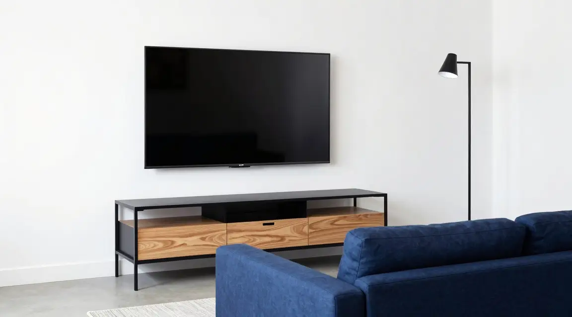 wall mounted tv above a black media console and navy blue sofa