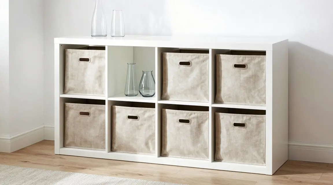 white square shelving unit with beige storage bins in a living room