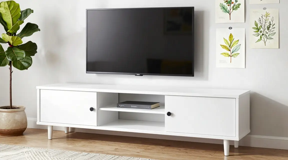 white tv stand in small living room with plant